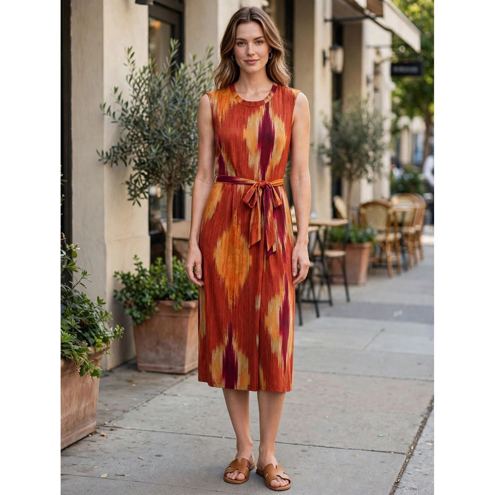 Lauren Ralph Lauren Ikat Print Sleeveless Belted Midi Dress Orange Red XXS
